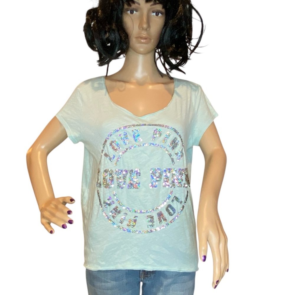 PINK Victoria's Secret Sequins Bling Tee Shirt T-Shirt "LOVE PINK" Sz Medium VGC
